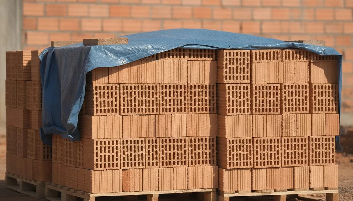 Pilha de blocos cerâmicos vazados sobre paletes de madeira em canteiro de obras, parcialmente coberta por lona plástica azul